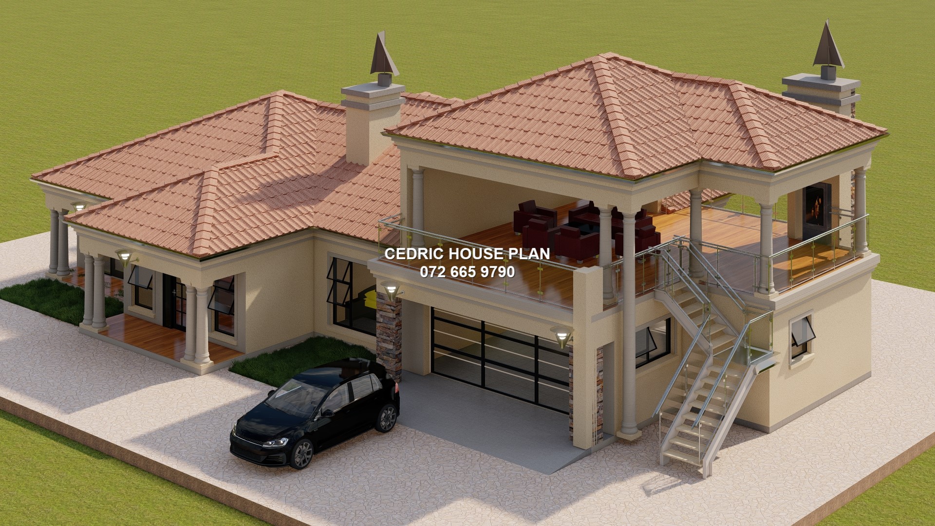 3 BEDROOMS WITH GARAGE TOP — Tuscan(Scotch Roof) house plan exterior