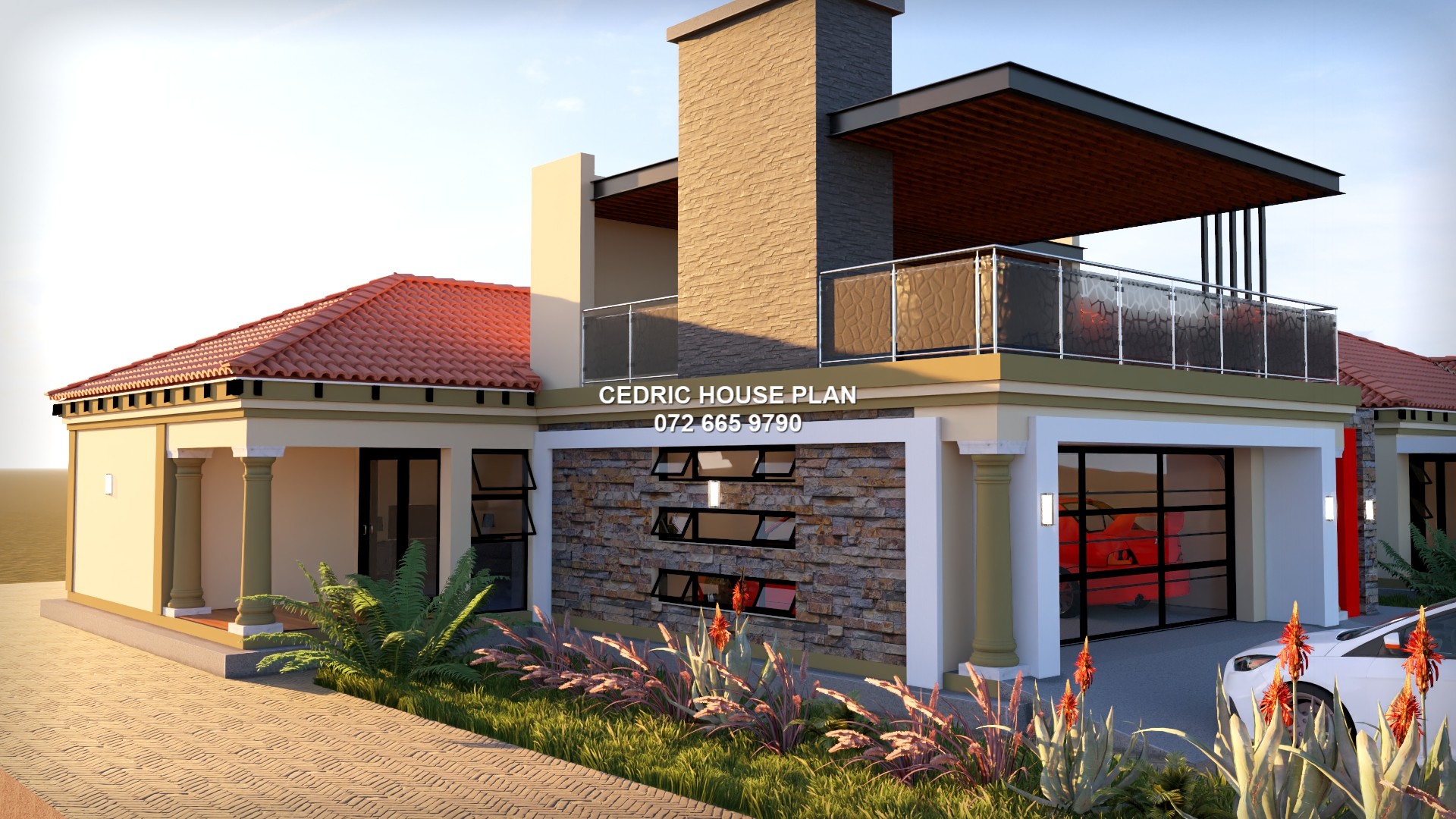 4 BEDROOMS GARAGE TOP — Tuscan(Scotch Roof) house plan exterior