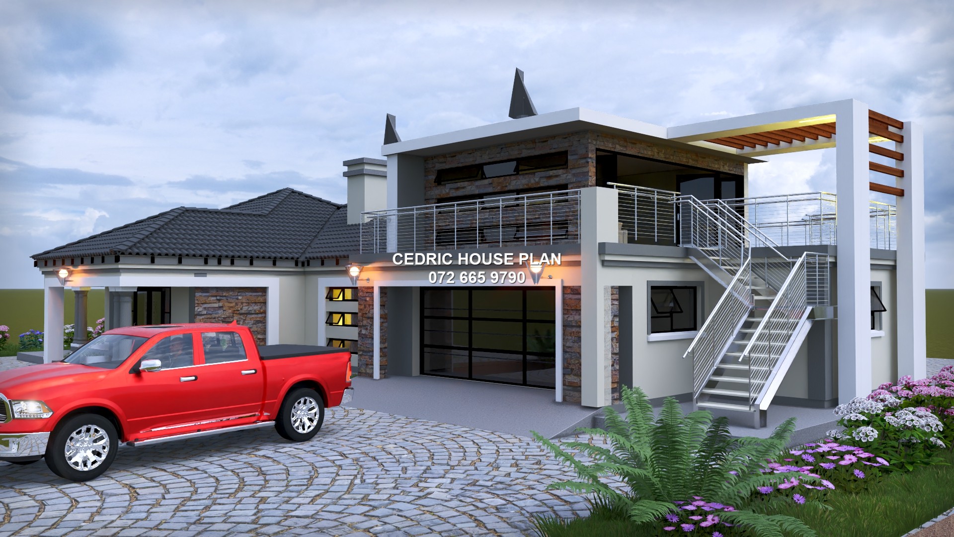 3 BEDROOMS WITH GARAGE TOP BRAAI — Tuscan(Scotch Roof) house plan exterior
