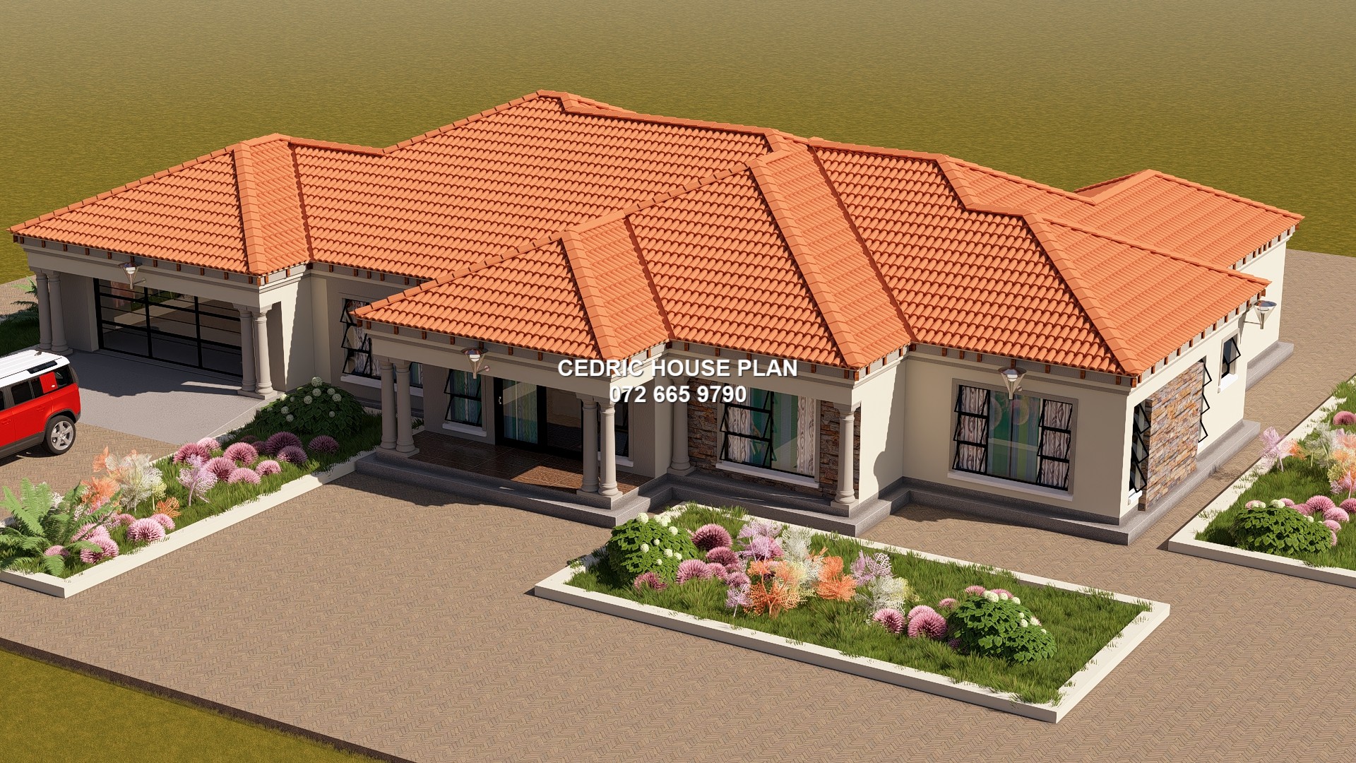5 BEDROOMS — Tuscan(Scotch Roof) house plan exterior